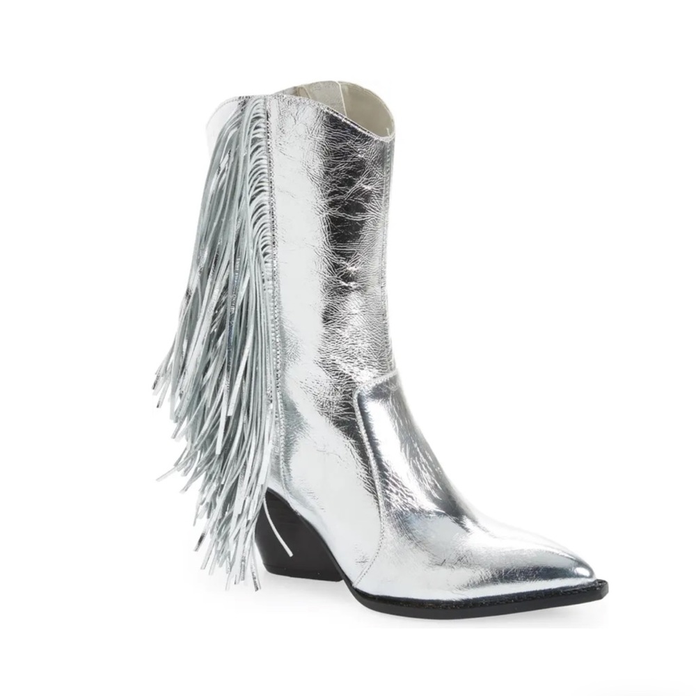 JEFFREY CAMPBELL Orville Fringe Western Silver Leather Boots Size 6.5